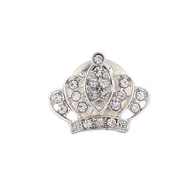 Load image into Gallery viewer, Silver crown-shaped brooch with clear gemstones on a white background