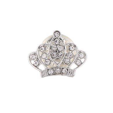 Silver crown-shaped brooch with clear gemstones on a white background