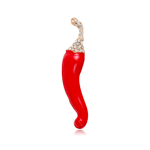 Red chili pepper-shaped earring with gold and gemstone detail on a white background