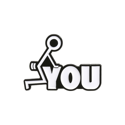 Black and white graphic of a person lifting weights with 'YOU' text on a white background F*CK YOU lapel pin 