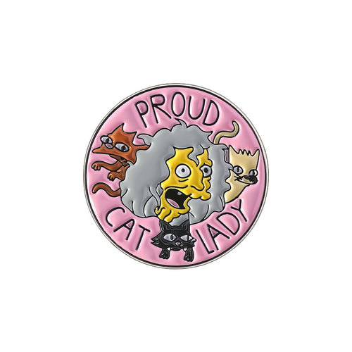 Circular badge with cartoon cats and 'Proud Cat Lady' text on a pink background
