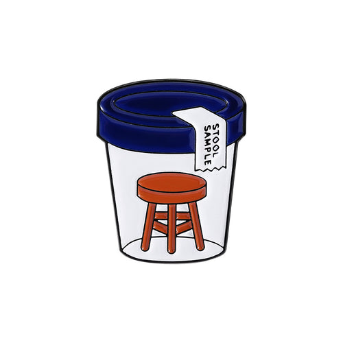 Clear container with a blue lid featuring an illustration of a stool labeled 'Stool Sample' on a white background.