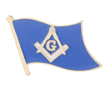 Load image into Gallery viewer, Masonic flag pin with blue background and gold border on a white background