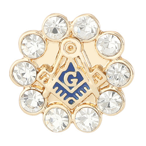 Decorative MASONIC MASON brooch with crystals and 'G' logo on a white background