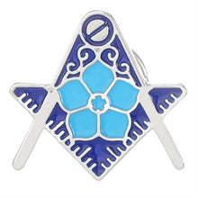 Load image into Gallery viewer, Decorative SQUARE AND COMPASS  WITH LIGHT BLUE FORGET ME NOT FLOWER LAPEL PINt with blue floral design on a white background