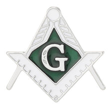 Load image into Gallery viewer, Masonic symbol with green square and compass and white &#39;G&#39; on a white background
