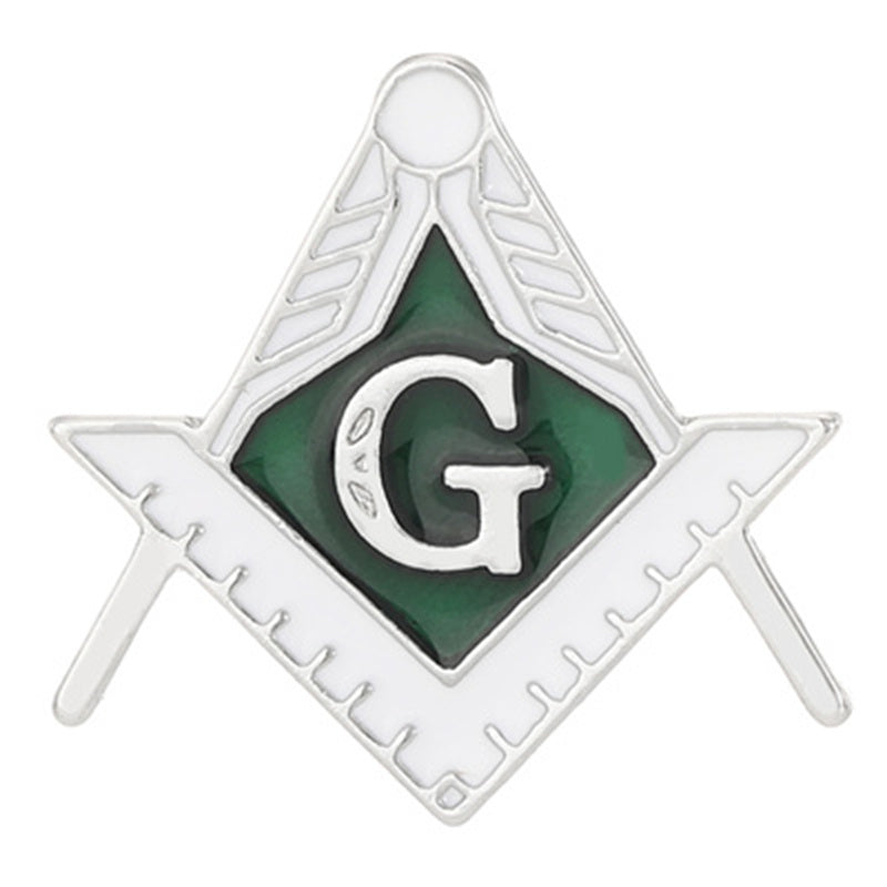 Masonic symbol with green square and compass and white 'G' on a white background
