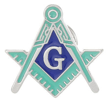 Load image into Gallery viewer, Masonic symbol with blue &#39;G&#39; and green border on a white background