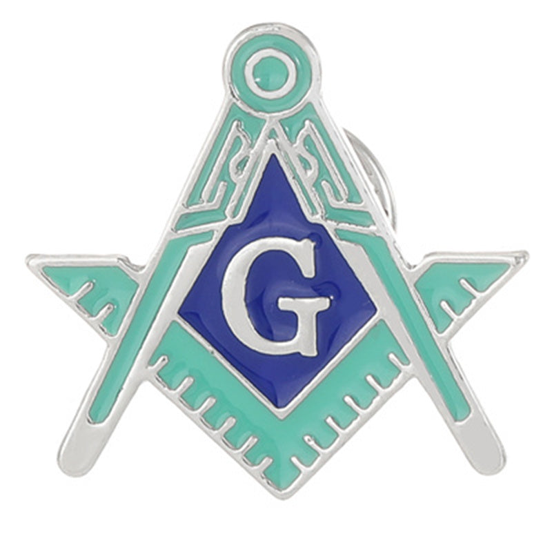 Masonic symbol with blue 'G' and green border on a white background