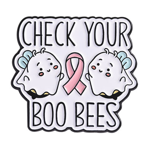 Sticker with cartoon ghosts holding a pink ribbon and text 'Check your boo bees' on a white background