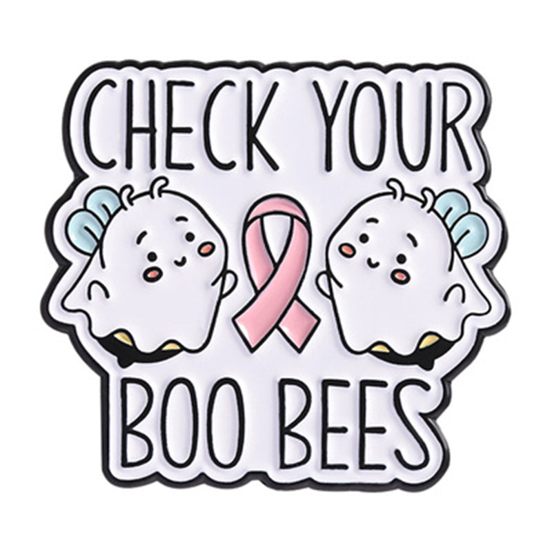 Sticker with cartoon ghosts holding a pink ribbon and text 'Check your boo bees' on a white background