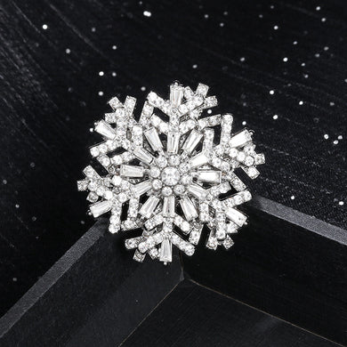 Silver snowflake-shaped brooch on a black background