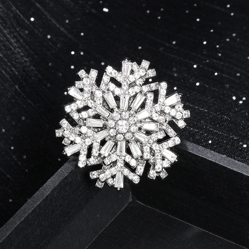 Silver snowflake-shaped brooch on a black background