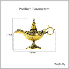Load image into Gallery viewer, Decorative gold lamp with dimensions and weight on a white background