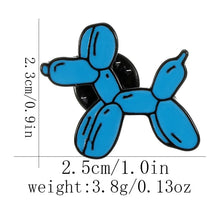 Load image into Gallery viewer, Blue balloon dog-shaped pin with measurements and weight details on a white background