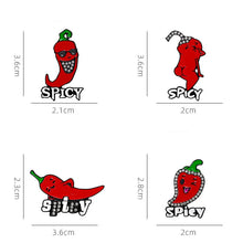 Load image into Gallery viewer, Four spicy pepper-shaped pins with measurements on a white background