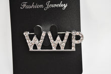 Load image into Gallery viewer, Silver 'WWP' brooch on a black jewelry card with 'Fashion Jewelry' text.