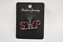 Load image into Gallery viewer, Jewelry card with a brooch featuring 'SWP' letters on a white background