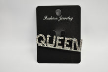 Load image into Gallery viewer, Silver 'QUEEN' brooch on a black card with 'Fashion Jewelry' text.