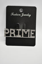 Load image into Gallery viewer, Silver 'PRIME' brooch on a black card with 'Fashion Jewelry' branding.