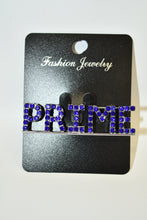 Load image into Gallery viewer, Blue rhinestone letter 'PRIME' on a black card with 'Fashion Jewelry' branding.