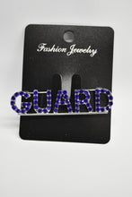 Load image into Gallery viewer, Jewelry card with 'GUARD' brooch featuring blue and silver crystals on a white background.