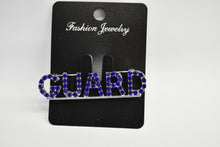 Load image into Gallery viewer, Jewelry card with 'GUARD' brooch featuring blue and silver crystals on a white background.