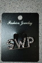 Load image into Gallery viewer, Silver 'SWP' lettered earring on a black card with 'Fashion Jewelry' branding.