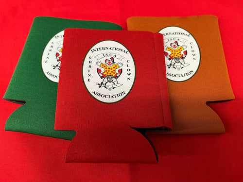 Three can coolers in green, red, and brown with a logo on a red background
