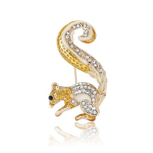 Load image into Gallery viewer, Gold and white squirrel-shaped brooch with rhinestones on a white background