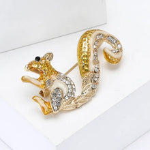 Load image into Gallery viewer, Gold squirrel brooch with rhinestone details on a white background