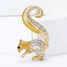 Load image into Gallery viewer, Gold and crystal squirrel brooch on a white background