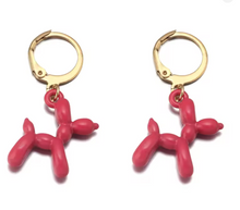 Load image into Gallery viewer, Pink balloon dog earrings with gold hoop backs on a white background