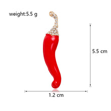 Load image into Gallery viewer, Red chili pepper-shaped jewelry with gold top and measurements on a white background