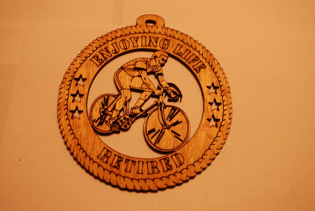 BICYCLE ENJOYING LIFE RETIRED LASER CUT ORNAMENT