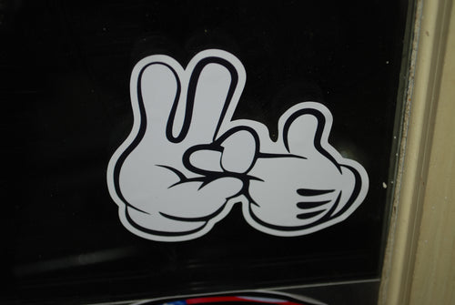 High quality indoor/outdoor vinyl printed stickers.  Cartoon Hands Making Sex Gesture  3.5