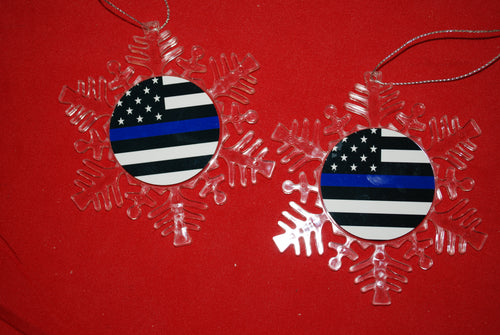 Thin Blue Line Clear Plastic Large or small  Snowflake Shaped Ornament