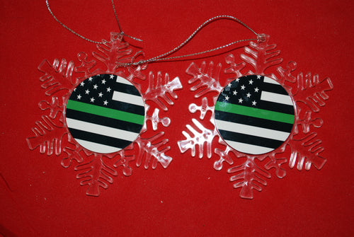 Thin Green Line Clear Plastic Large or small  Snowflake Shaped Ornament