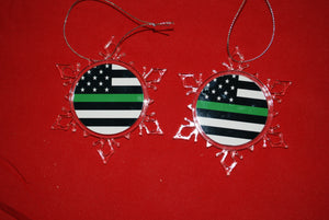 Thin Green Line Clear Plastic Large or small  Snowflake Shaped Ornament
