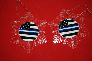 Thin Blue white Line Clear Plastic Large or small  Snowflake Shaped Ornament