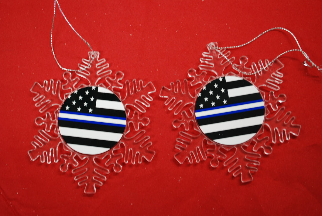 Thin Blue white Line Clear Plastic Large or small  Snowflake Shaped Ornament