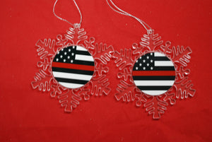 Thin Red Line Clear Plastic Large or small  Snowflake Shaped Ornament