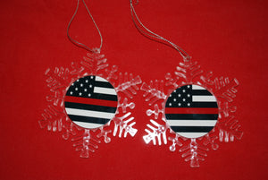 Thin Red Line Clear Plastic Large or small  Snowflake Shaped Ornament