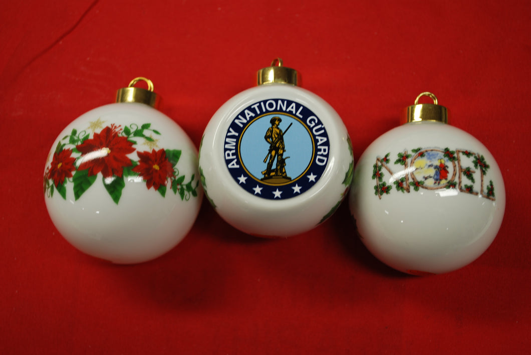 Half Round ceramic ornament you pick Noel or Poinsettia for the back  and one of these great military Branches graphics.    available as singles or by the dozen.  if ordering a dozen let us know how many of each you would like. of each design    Army National Guard, USMC Marine Corps, Navy,  Naval Reserve, Minnesota National Guard, Air Force, Army, Army Reserves,  Coast Guard , Coast Guard Reserves  