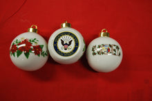 Load image into Gallery viewer, Half Round ceramic ornament you pick Noel or Poinsettia for the back  and one of these great military Branches graphics.    available as singles or by the dozen.  if ordering a dozen let us know how many of each you would like. of each design    Army National Guard, USMC Marine Corps, Navy,  Naval Reserve, Minnesota National Guard, Air Force, Army, Army Reserves,  Coast Guard , Coast Guard Reserves  