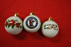 Half Round ceramic ornament you pick Noel or Poinsettia for the back  and one of these great military Branches graphics.    available as singles or by the dozen.  if ordering a dozen let us know how many of each you would like. of each design    Army National Guard, USMC Marine Corps, Navy,  Naval Reserve, Minnesota National Guard, Air Force, Army, Army Reserves,  Coast Guard , Coast Guard Reserves  