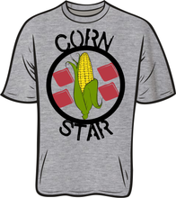 Load image into Gallery viewer, Do you love to play cornhole, bean bags, bags or what ever you like to call it, we just call it fun nothing is better than a nice sunny day have a few beverages and playing some bags with the buddies. now play in style with this beautiful CORN STAR T shirt   Grey and White 100% ring spun polyester feels just like cotton. great moister wicking property&#39;s   Black 100% cotton
